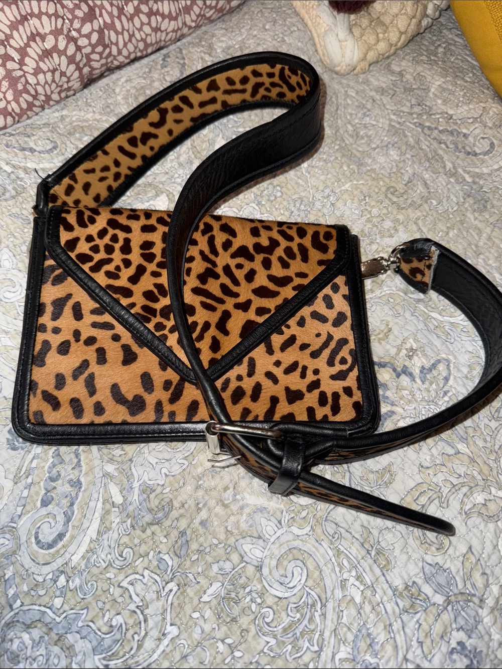 Saudara Hanna CowhideLeopard Print Envelope Crossbody Bag with Black Leather